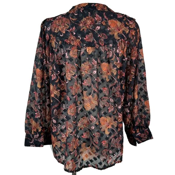 Ophelia Roe Semi Sheer Floral Blouse Women’s M Black Orange Button Front - Picture 5 of 9